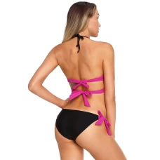 Neon Pink Halter Double Bowknot Bikini Top & Low Rise Tie Side Bottom 